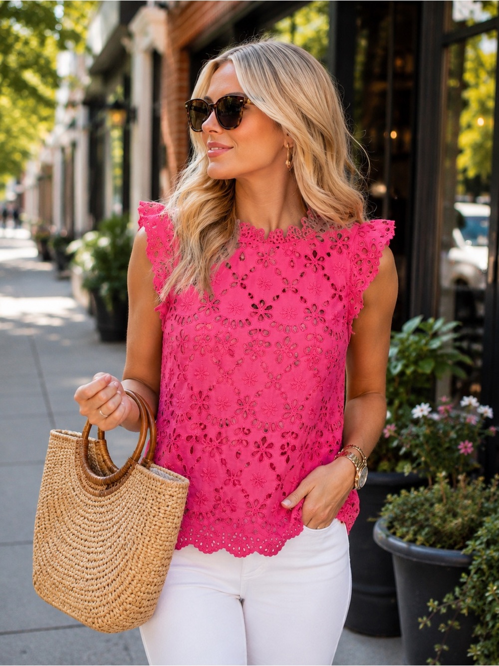 J. Crew Hot Pink Eyelet Lace Sleeveless Top